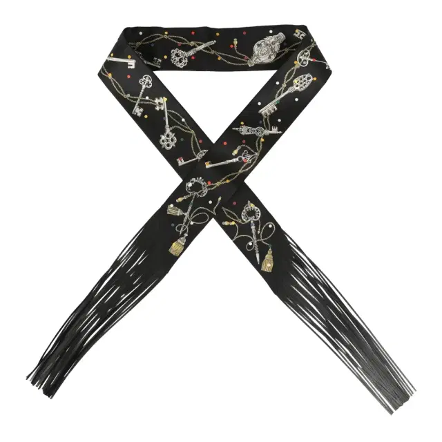 HERMÈS Hermes "Les Cles a Pois" Black, Multicolore, White Fringe Silk Twilly
