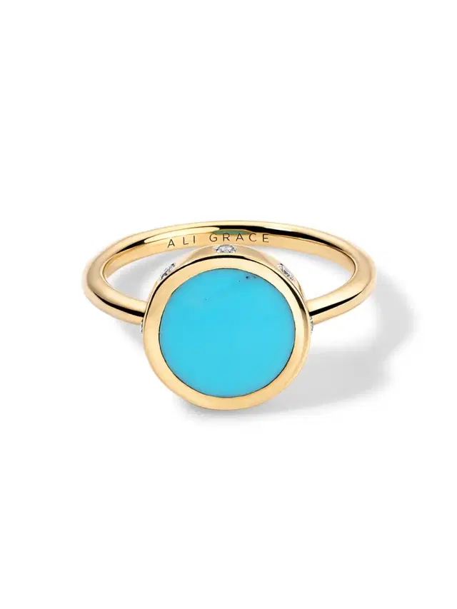 aligrace Yellow Gold with Turquoise & Side Diamonds Ring