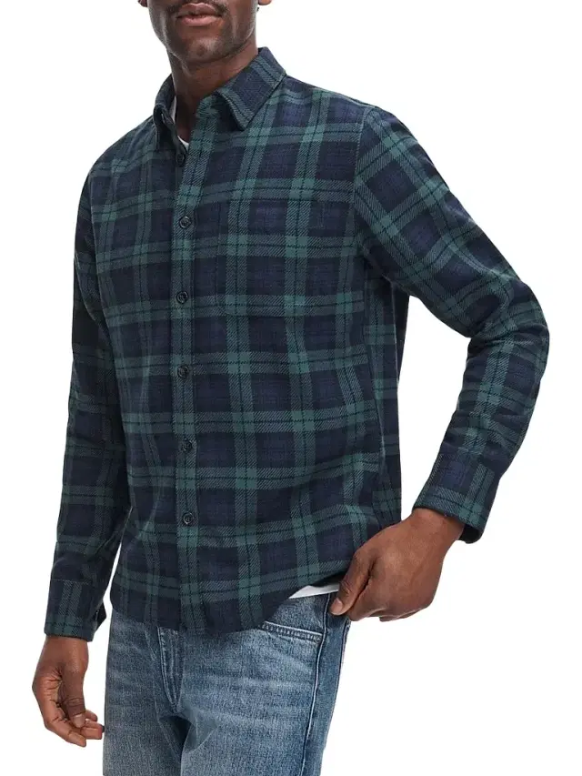 rag & bone Men's Plaid Cotton Flannel Shirt Jacket - Blue Green - Size Large
