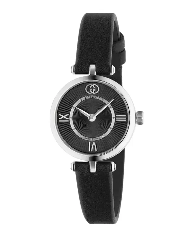 Gucci Stainless Steel Model 2000 24mm Watch with Black Leather Strap