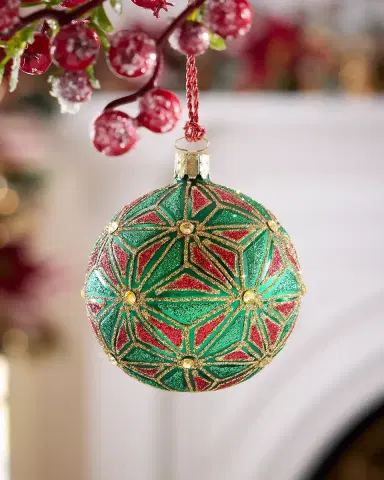 Exclusive Geometric Glitter on Matte Green Ball Christmas Ornament | Thumbnail 1 Exclusive Geometric Glitter on Matte Green Ball Christmas Ornament | Thumbnail 1