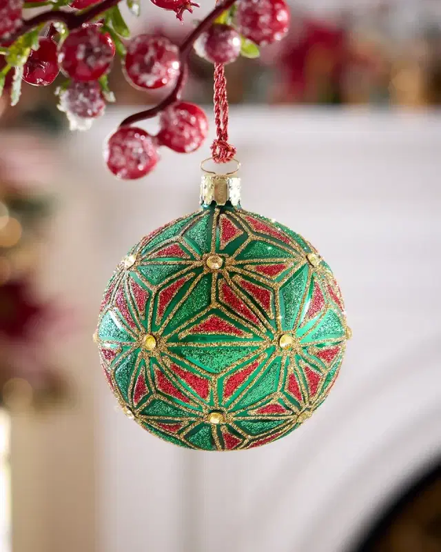 Exclusive Geometric Glitter on Matte Green Ball Christmas Ornament