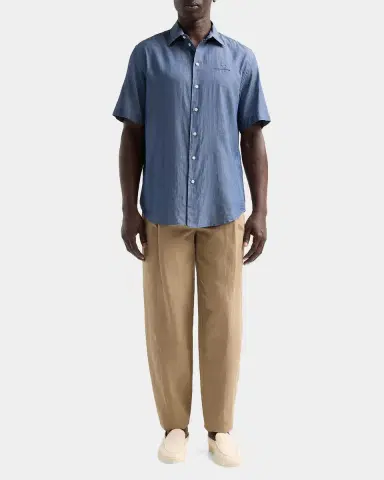 Emporio Armani Men's Chambray Self-Fabric Logo Short-Sleeve Shirt | Thumbnail 2