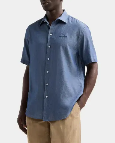 Emporio Armani Men's Chambray Self-Fabric Logo Short-Sleeve Shirt | Thumbnail 4