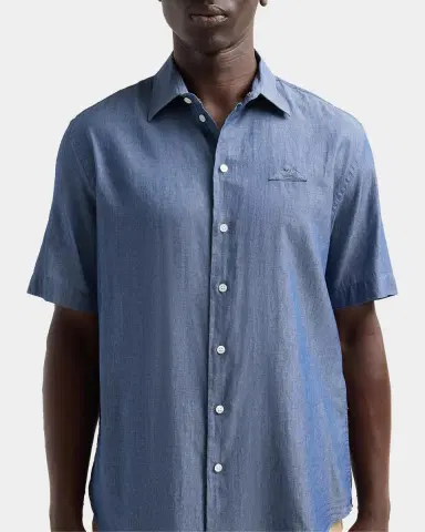 Emporio Armani Men's Chambray Self-Fabric Logo Short-Sleeve Shirt | Thumbnail 5