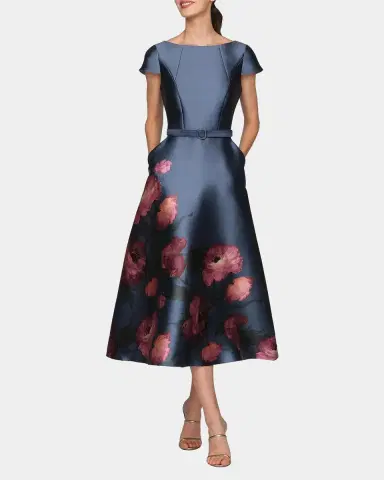 Kay Unger New York Ina Mikado Poppy Tea-Length Cocktail Dress | Thumbnail 2 Kay Unger New York Ina Mikado Poppy Tea-Length Cocktail Dress | Thumbnail 2
