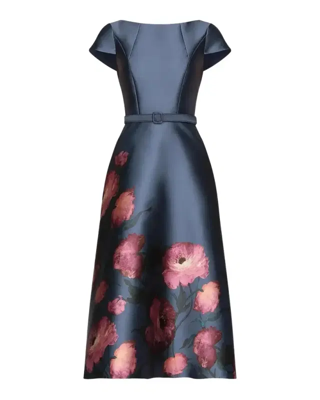 Kay Unger New York Ina Mikado Poppy Tea-Length Cocktail Dress