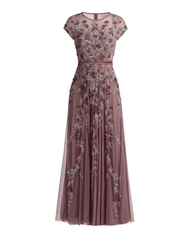 Mac Duggal Beaded Mesh Cap-Sleeve Gown