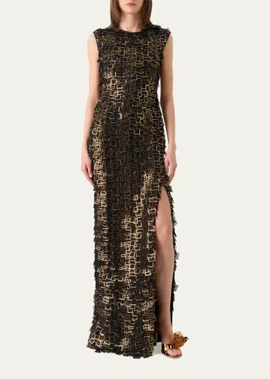 Akris Metallic Organza Tiles Sleeveless Column Gown | Thumbnail 2