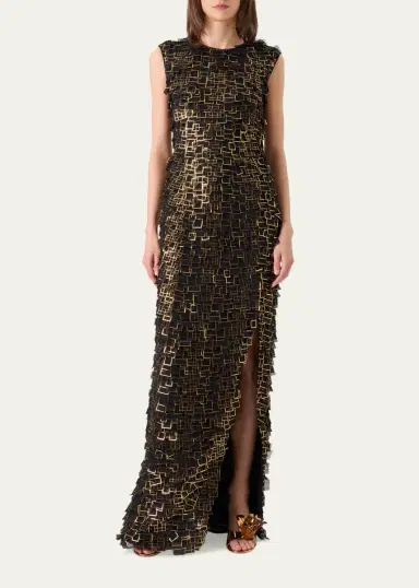 Akris Metallic Organza Tiles Sleeveless Column Gown | Thumbnail 4