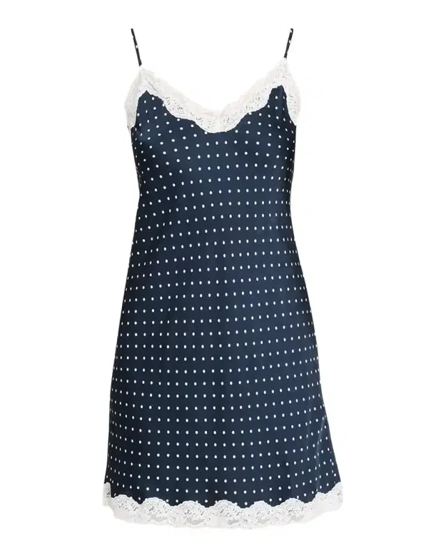 Papinelle Annabelle Polka-Dot Satin Lace-Trim Mini Slip Dress