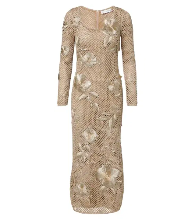 Oscar de la Renta Floral-appliqué open-knit midi dress