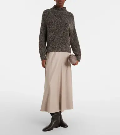 AGNONA Leather-trimmed wool flannel midi skirt | Thumbnail 4