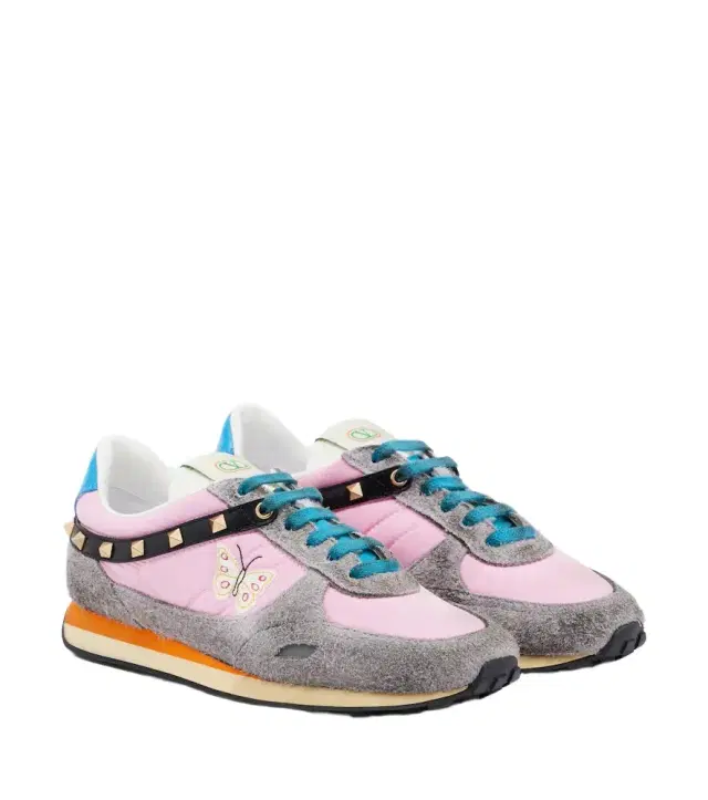 Valentino Garavani Rockstud embroidered suede-trimmed sneakers