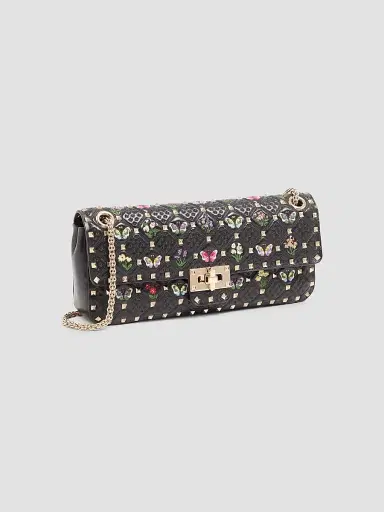 Valentino Garavani Women's Rockstud Spike Shoulder Bag in Embroidered Nappa Leather - Black | Thumbnail 3