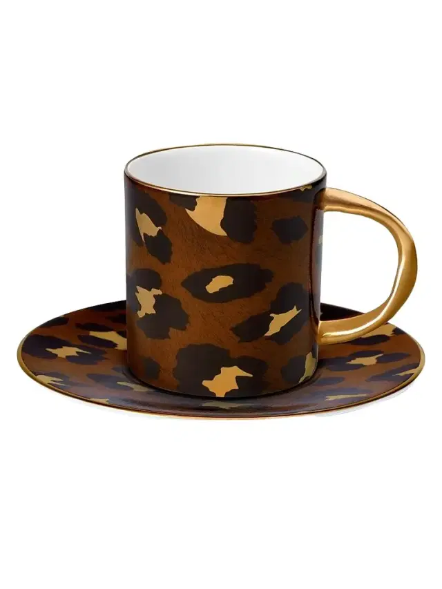 L'Objet Leopard 2-Piece 24K Gold & Porcelain Espresso Cup & Saucer Set