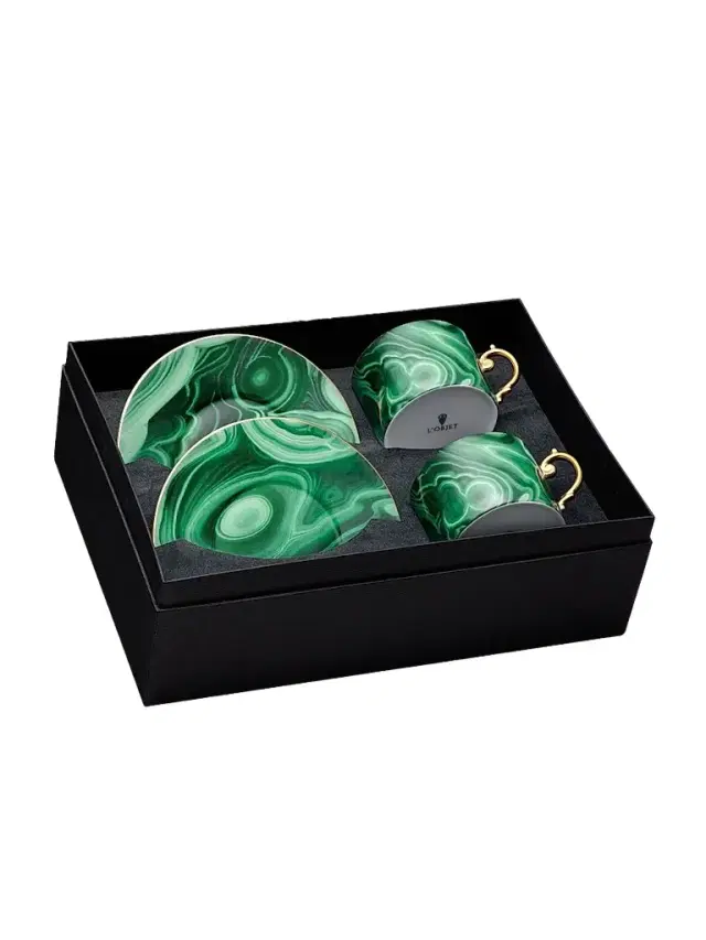 L'Objet Malachite 24K Gold-Trim Teacup & Saucer 4-Piece Set