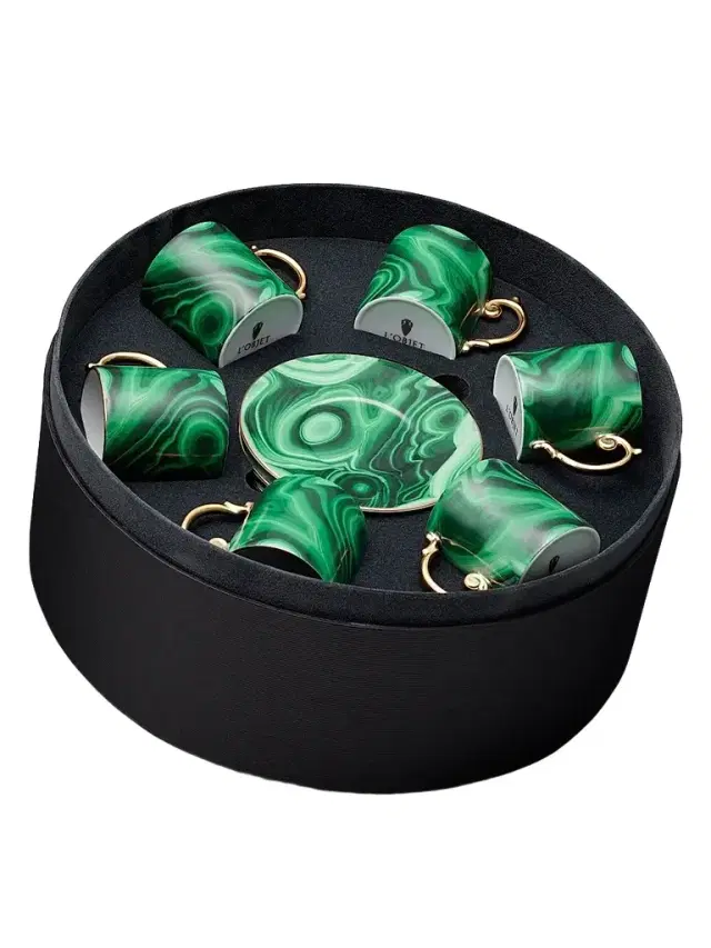 L'Objet Malachite 6-Piece Espresso Cup & Saucer Set