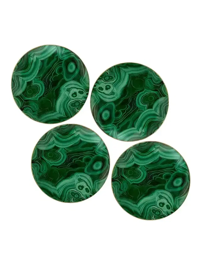 L'Objet 4-Piece Malachite 24K Gold-Trimmed Porcelain Dessert Plates
