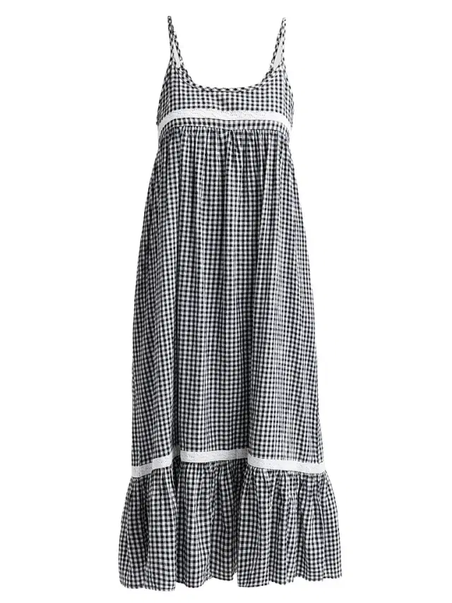 Papinelle Women's Checked Lace-Trim Cotton-Blend Seersucker Nightie - Deep Navy - Size Medium
