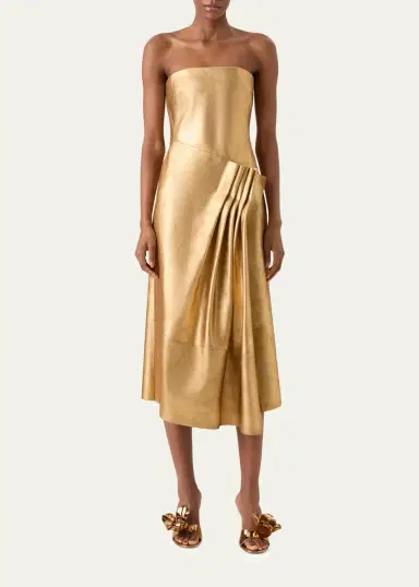 Akris Strapless Asymmetric Gathered Lamé Nappa Leather Midi Bustier Gown | Thumbnail 2
