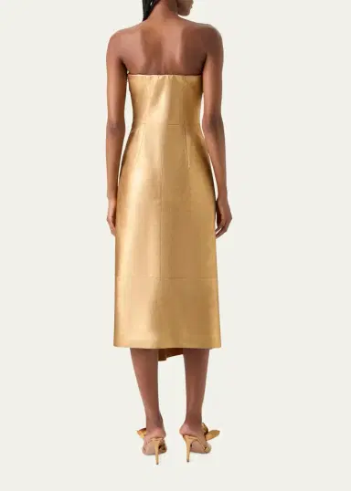 Akris Strapless Asymmetric Gathered Lamé Nappa Leather Midi Bustier Gown | Thumbnail 3