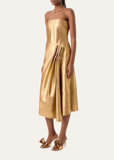 Akris Strapless Asymmetric Gathered Lamé Nappa Leather Midi Bustier Gown | Thumbnail 4