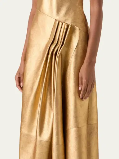 Akris Strapless Asymmetric Gathered Lamé Nappa Leather Midi Bustier Gown | Thumbnail 5