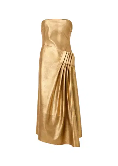 Akris Strapless Asymmetric Gathered Lamé Nappa Leather Midi Bustier Gown | Thumbnail 1