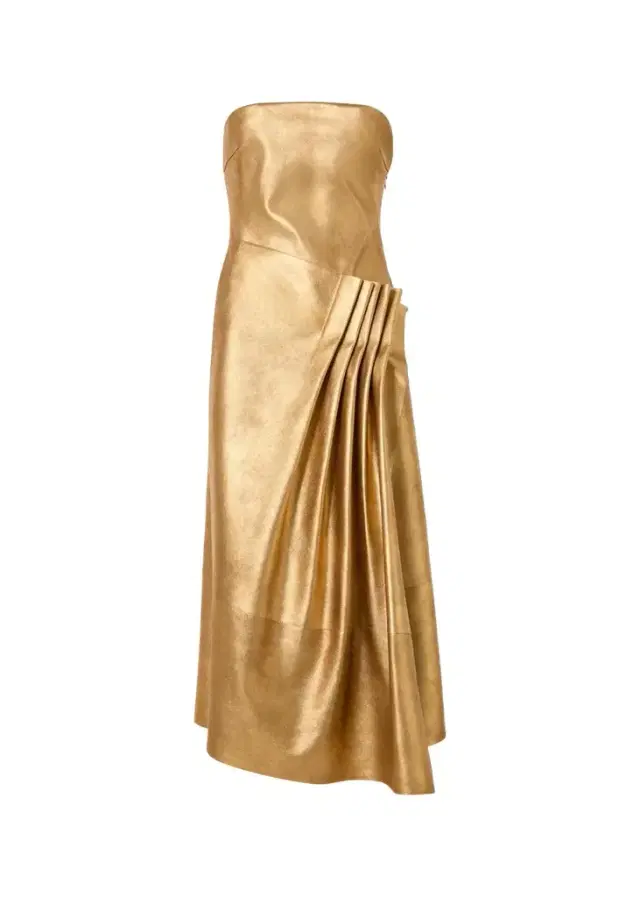 Akris Strapless Asymmetric Gathered Lamé Nappa Leather Midi Bustier Gown