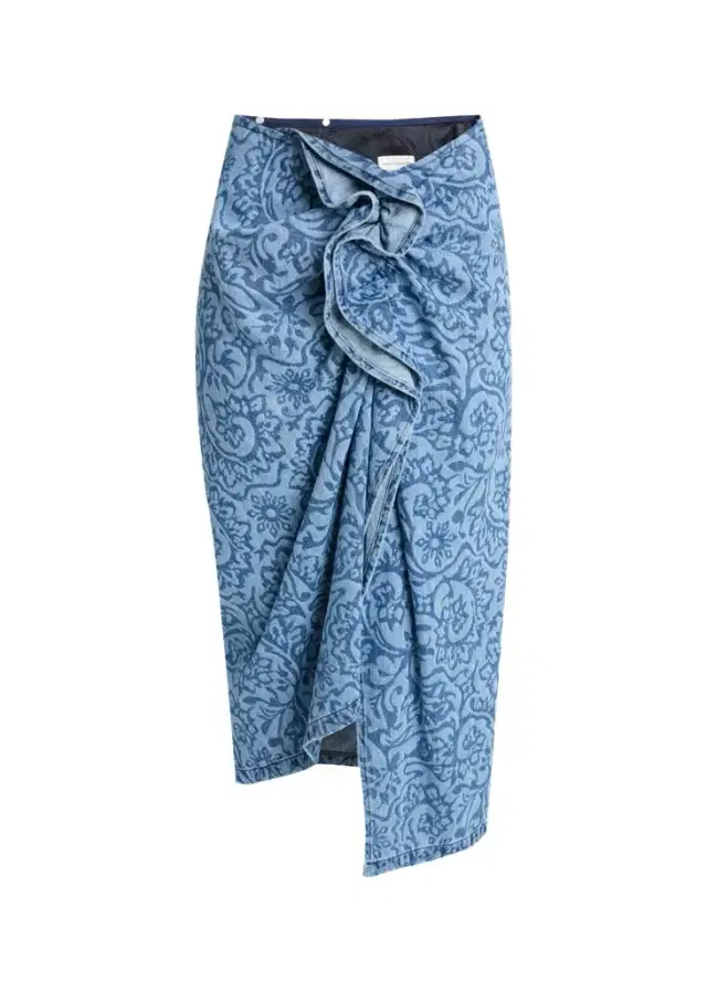 Dries Van Noten Sinas Floral Denim Ruffle Midi Skirt