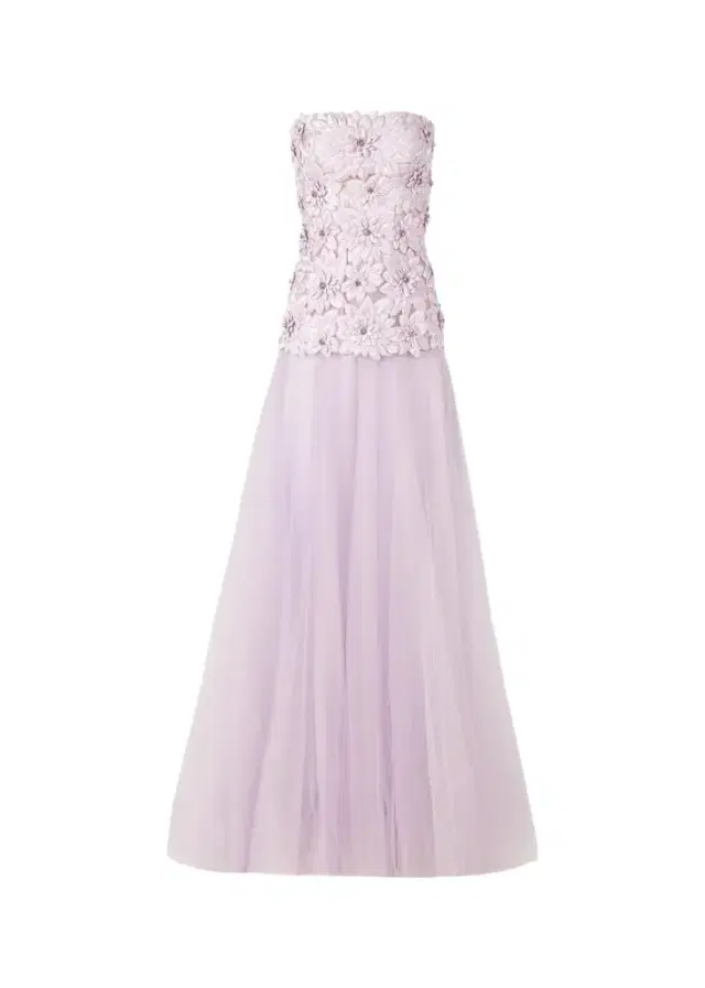 Costarellos Gisella Petal Embellished Strapless Drop-Waist Tulle Gown