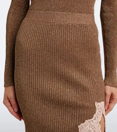 Valentino Lace-trimmed ribbed-knit lamé midi skirt | Thumbnail 4 Valentino Lace-trimmed ribbed-knit lamé midi skirt | Thumbnail 4