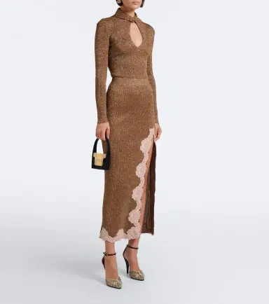 Valentino Lace-trimmed ribbed-knit lamé midi skirt | Thumbnail 6 Valentino Lace-trimmed ribbed-knit lamé midi skirt | Thumbnail 6