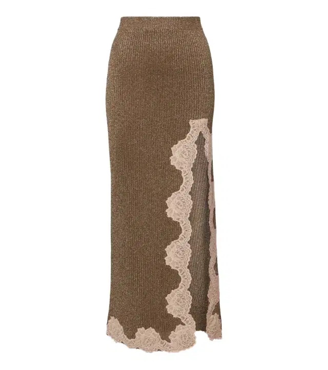 Valentino Lace-trimmed ribbed-knit lamé maxi skirt