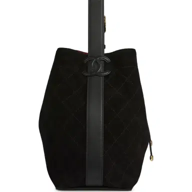 Chanel Chanel Large "CC Loop" Drawstring Bucket Bag with Leather Strap Black Suede Gold Hardware | Thumbnail 5