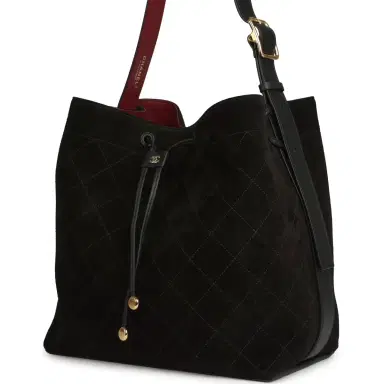 Chanel Chanel Large "CC Loop" Drawstring Bucket Bag with Leather Strap Black Suede Gold Hardware | Thumbnail 6