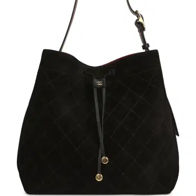 Chanel Chanel Large "CC Loop" Drawstring Bucket Bag with Leather Strap Black Suede Gold Hardware | Thumbnail 1