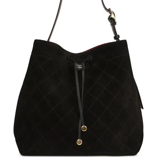 Chanel Chanel Large "CC Loop" Drawstring Bucket Bag with Leather Strap Black Suede Gold Hardware
