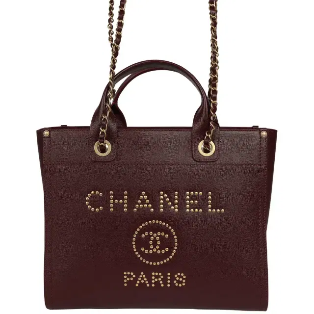 Chanel Chanel Small Studded Deauville Shopping Tote Burgundy Caviar Brushed Gold Hardware