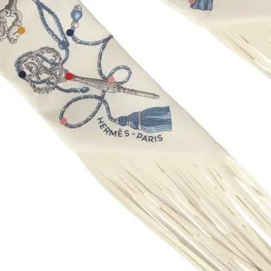HERMÈS Hermes "Les Cles a Pois" Creme, Gris Perle, Multicolor Fringe Silk | Thumbnail 3 HERMÈS Hermes "Les Cles a Pois" Creme, Gris Perle, Multicolor Fringe Silk | Thumbnail 3