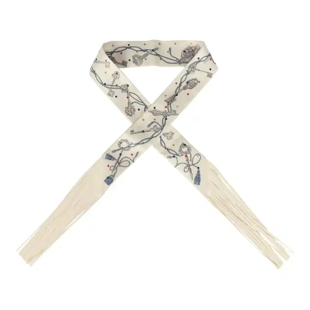 Hermes "Les Cles a Pois" Creme, Gris Perle, Multicolor Fringe Silk Hermes "Les Cles a Pois" Creme, Gris Perle, Multicolor Fringe Silk