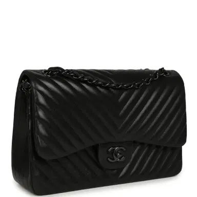 Chanel Pre-owned Chanel Jumbo Classic Chevron Double Flap Bag So Black Lambskin Black Hardware | Thumbnail 2 Chanel Pre-owned Chanel Jumbo Classic Chevron Double Flap Bag So Black Lambskin Black Hardware | Thumbnail 2