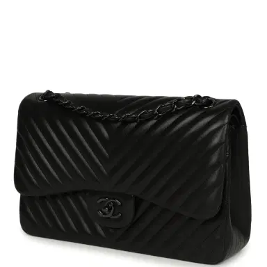 Chanel Pre-owned Chanel Jumbo Classic Chevron Double Flap Bag So Black Lambskin Black Hardware | Thumbnail 5 Chanel Pre-owned Chanel Jumbo Classic Chevron Double Flap Bag So Black Lambskin Black Hardware | Thumbnail 5