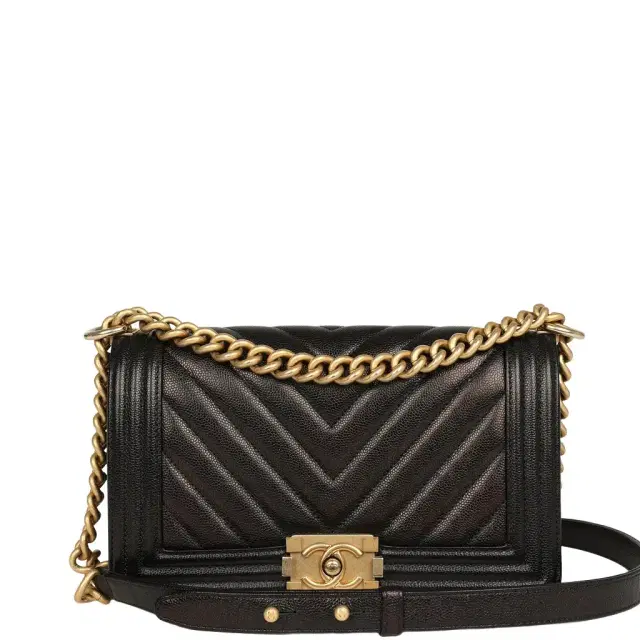 Chanel Pre-owned Chanel Medium Chevron Boy Bag Black Caviar Antique Gold Hardware