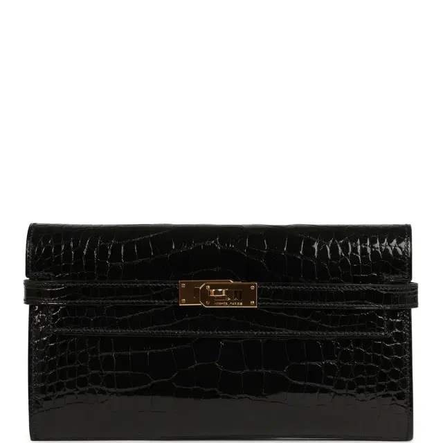HERMÈS Pre-owned Hermes Kelly Long Wallet Black Shiny Alligator Gold Hardware