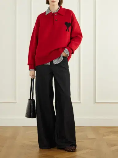 AMI PARIS Virgin Wool-intarsia Polo Sweater | Thumbnail 2 AMI PARIS Virgin Wool-intarsia Polo Sweater | Thumbnail 2