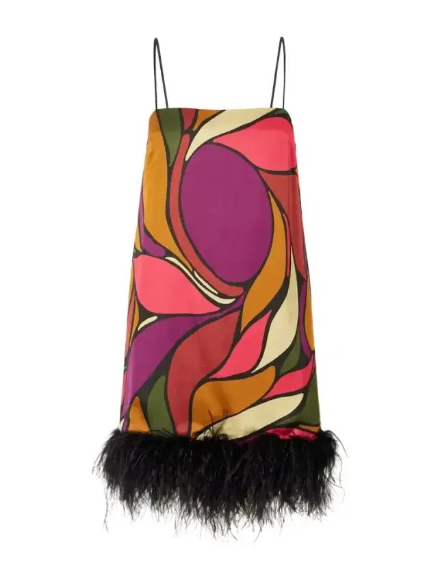 Cala de la Cruz Feather-embellished Printed Satin Mini Dress