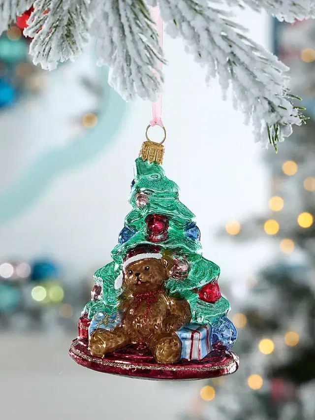 Glassware Art Studio Teddy Bear Sitting By The Christmas Tree Glass Ornament