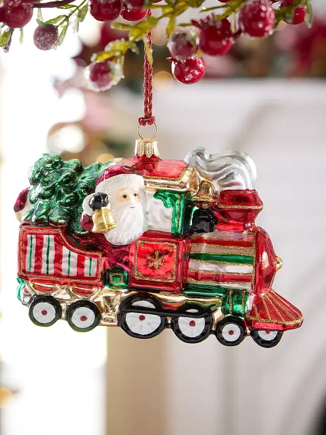 Glassware Art Studio Locomotive With Santa & Snowman Glass Ornament